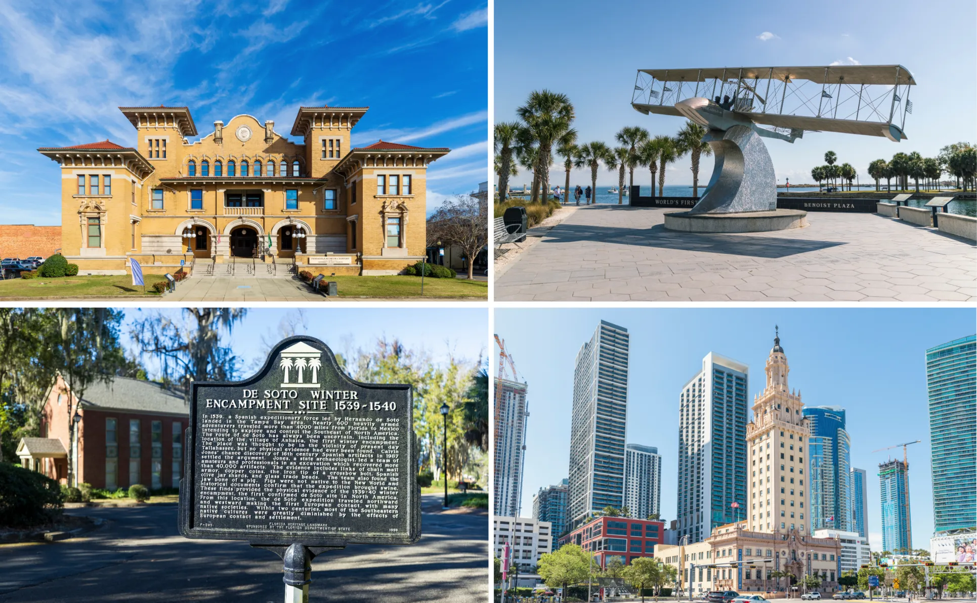 Clockwise, from top left: Pensacola Museum, Jannus Monument in St. Petersburg’s Benoist Plaza, Miami’s Freedom Tower, and the De Soto Historic Site in Tallahassee.